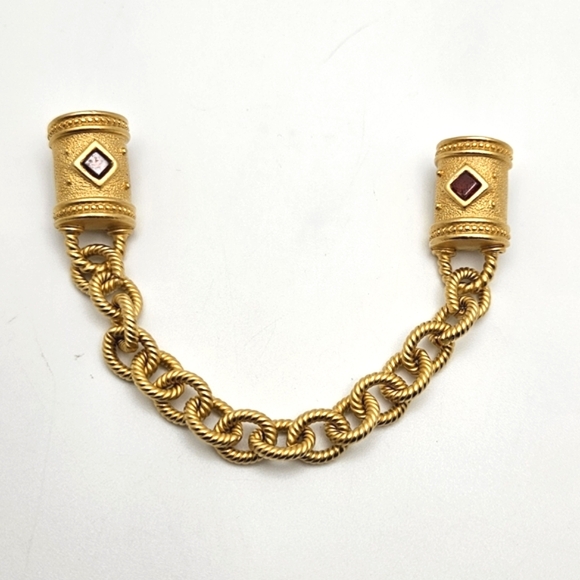 Monet Jewelry - Vintage MONET Gold Garnet Chatelaine Chain Sweater Clip Dual Brooch Collar